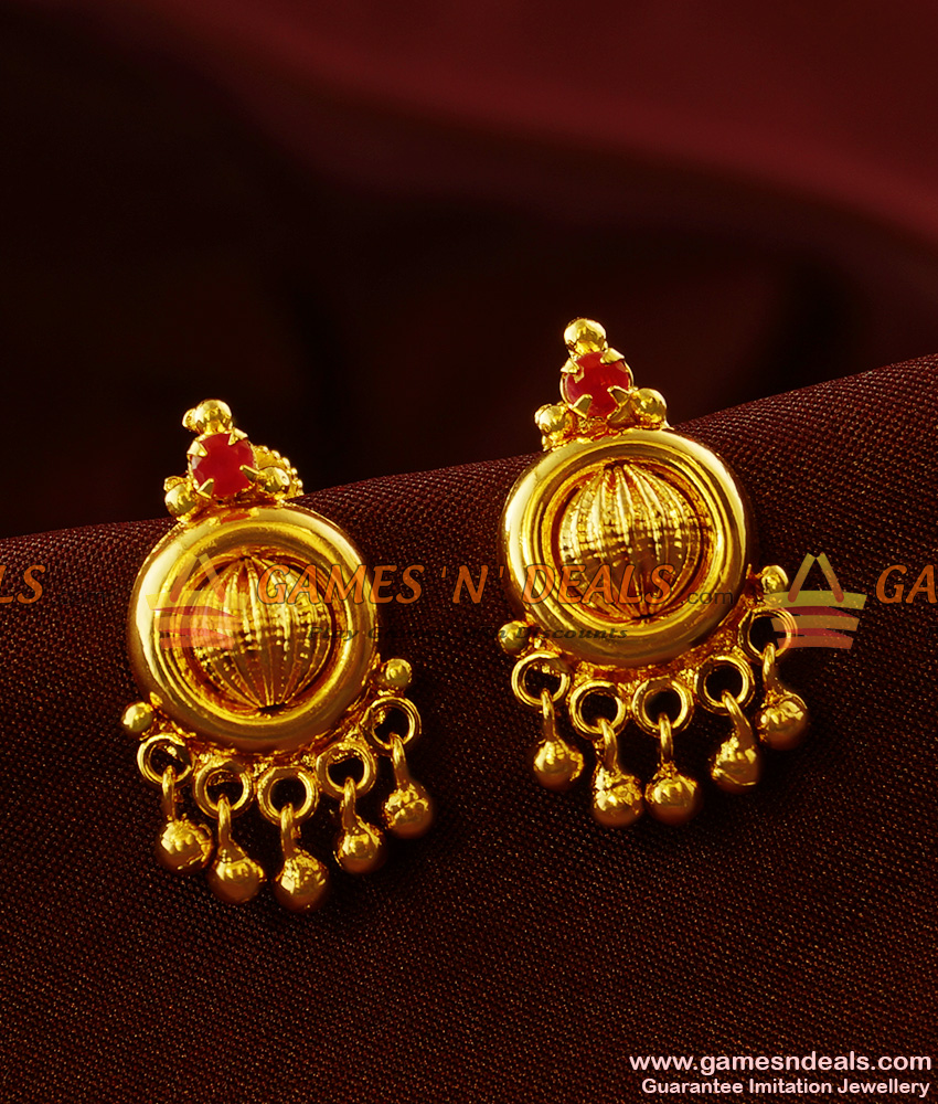 ER391 - Red AD Stone Kerala Type Jhumki Design Imitation Ear Rings