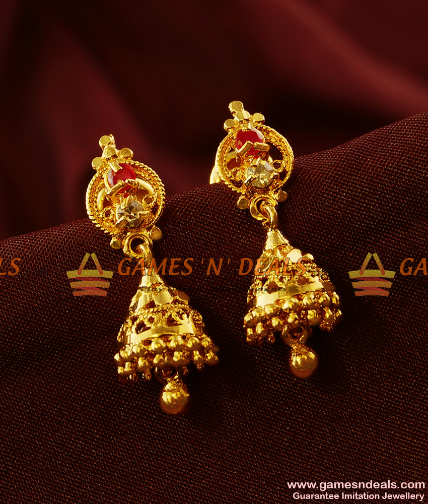 ER396 - Gold Plated Imitation Drop Pattern Jhumki Ruby Stone Ear Rings Design 