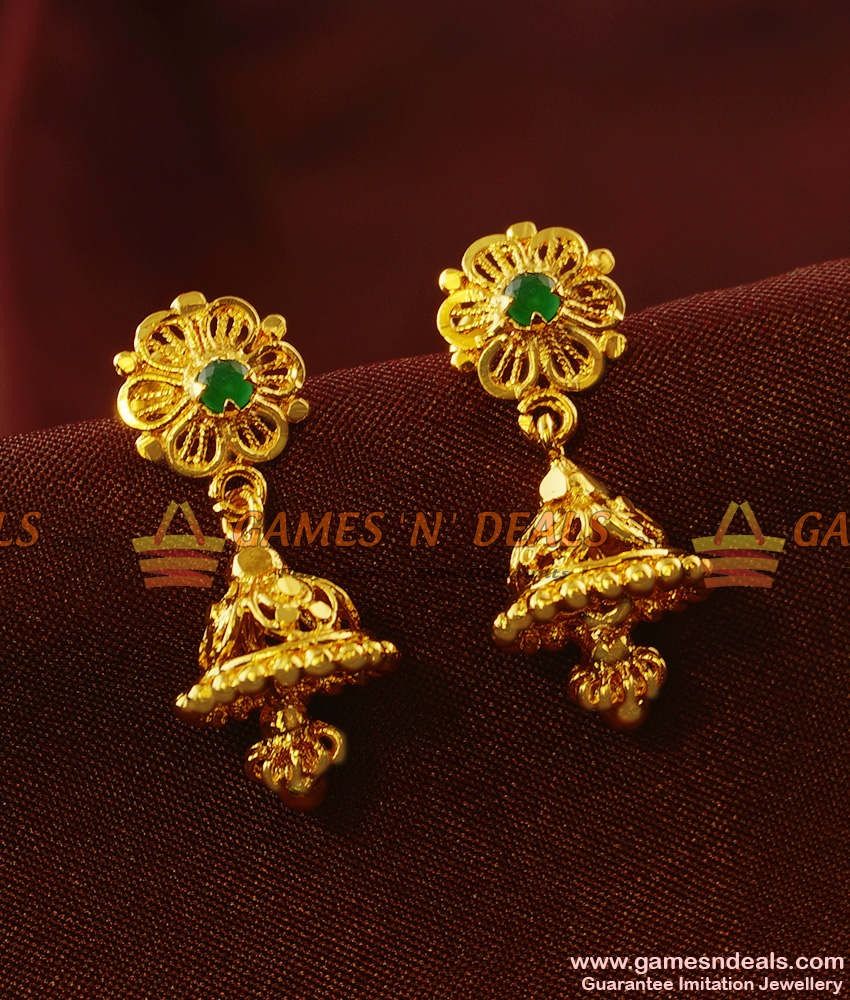 ER414 - South Indian Simple College Wear AD Stone Small Jhumki Imitation Ear Rings