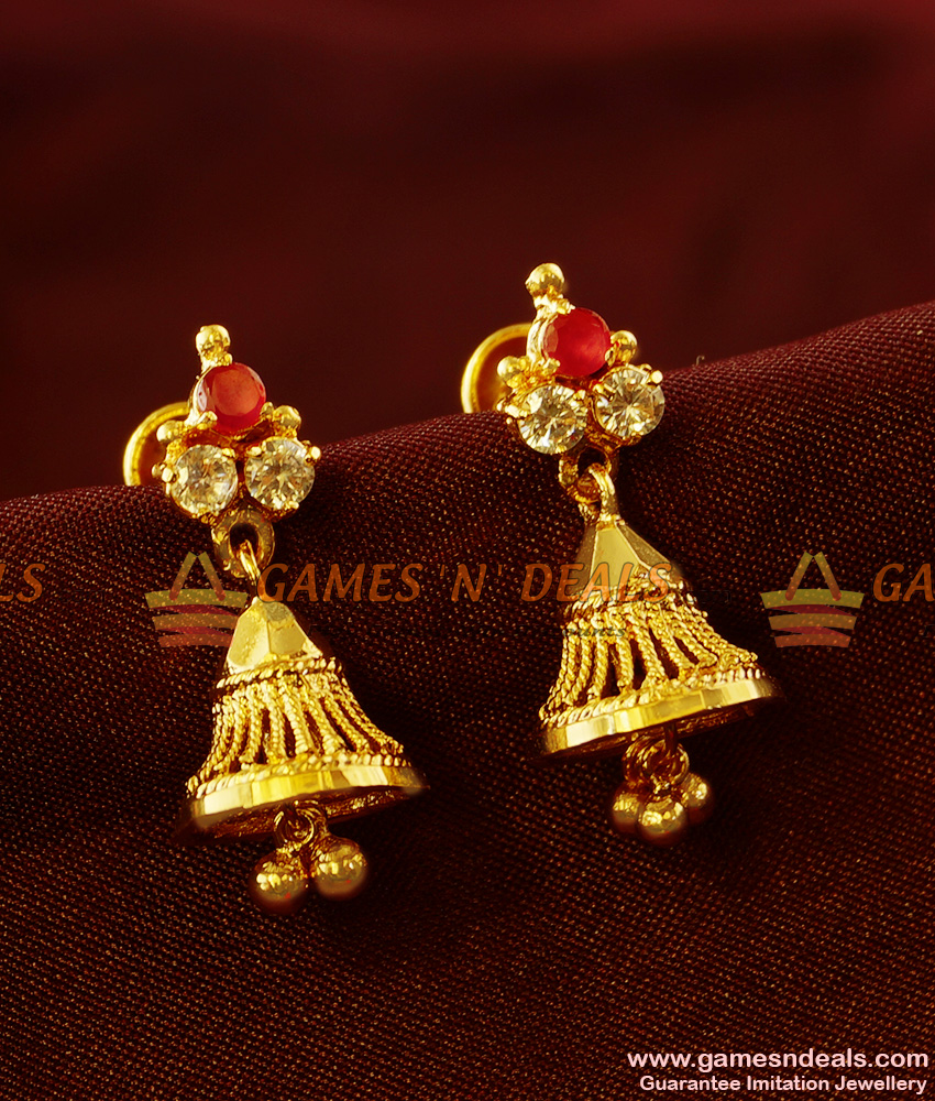 ER416 - Medium Size Red AD Stone Conical Jhumiki Traditional Ear Rings Online