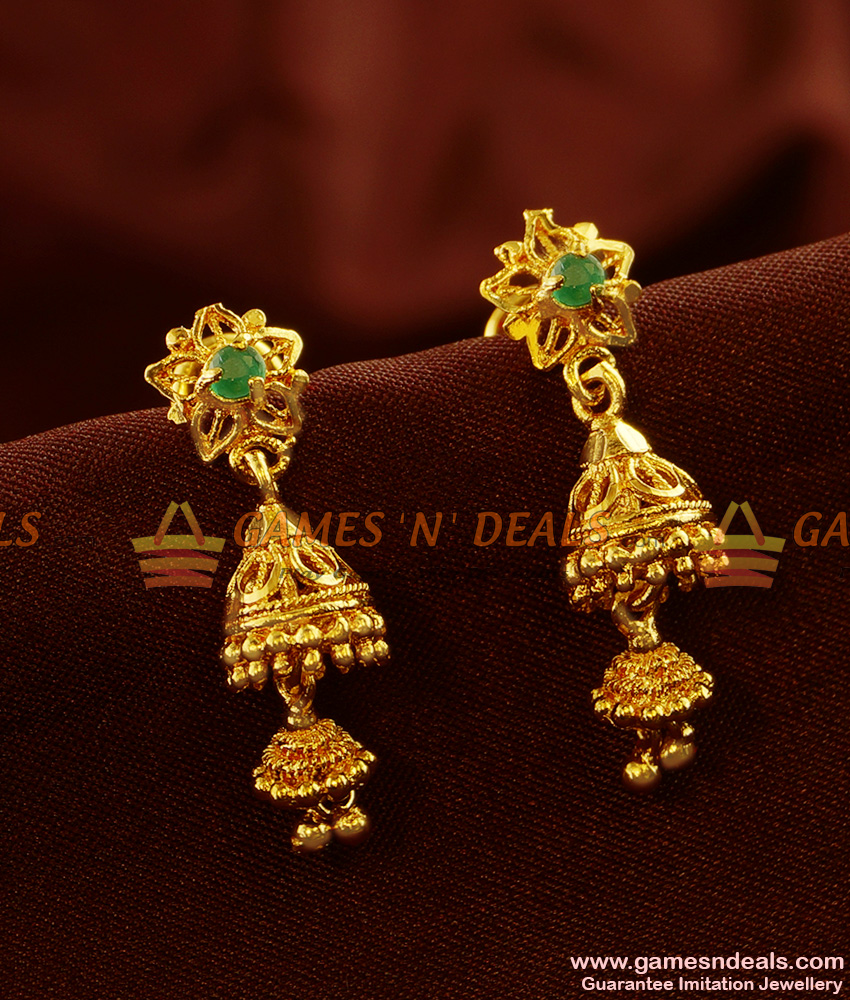 ER426 - Green Stone Double Jumkhi Gold Like Design Ear Ring Buy Online