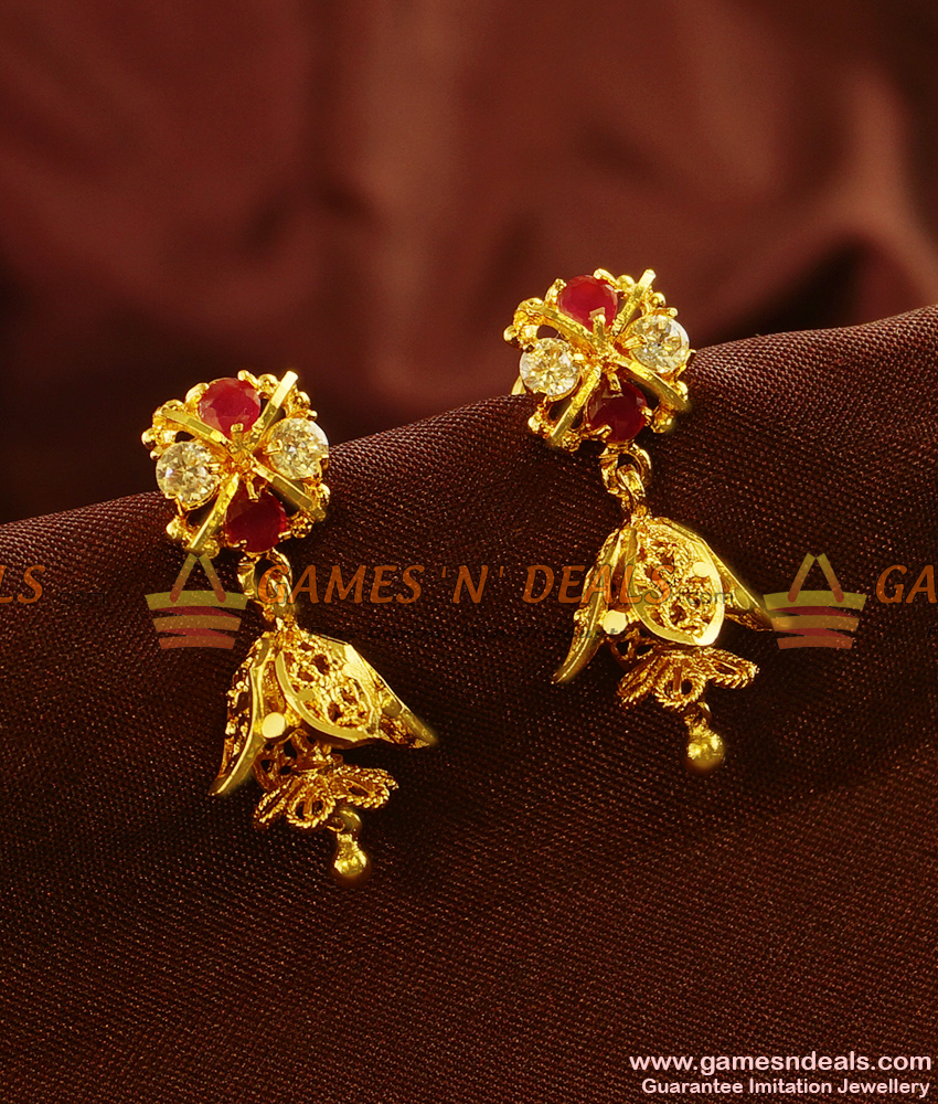 ER448 - AD Stone Guarantee Double Jumkhi Gold Like Design Ear Ring Buy Online ER448 - AD Stone Guarantee Double Jumkhi Gold Like Design Ear Ring Buy Online