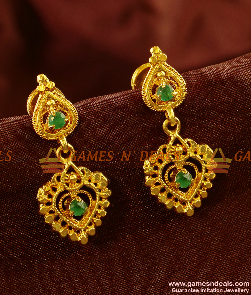 ER476 - Green Semi Precious AD Stone Danglers Kerala Type Imitation Ear Rings