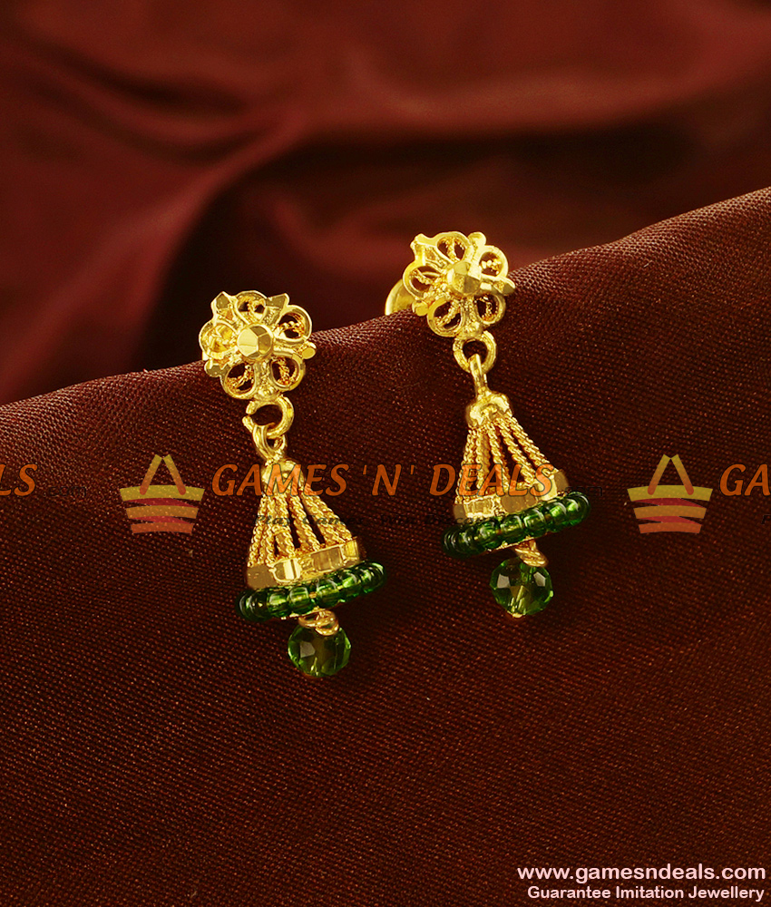 ER587 - Trendy Gold Plated Green Beads Jhumkhi Guarantee Imitation Ear Ring