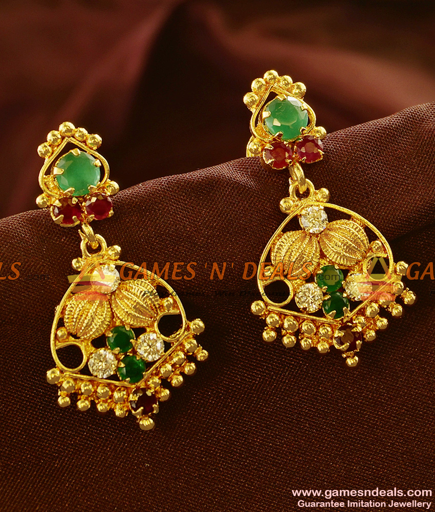 ER602 - Gold Plated Ear Rings Semi Precious AD Stone Danglers Party Wear Design ER602 - Gold Plated Ear Rings Semi Precious AD Stone Danglers Party Wear Design