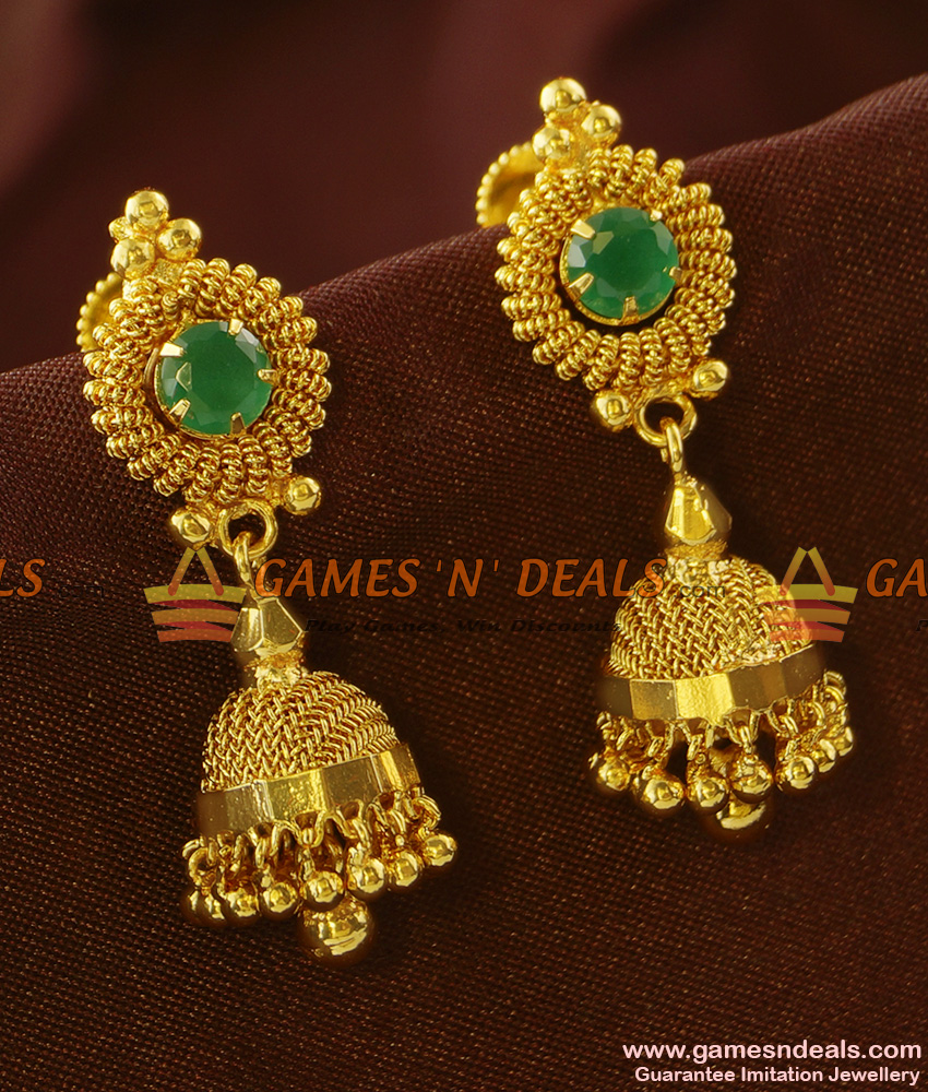 ER729 - Sparkling First Quality Green Emerald Stone Heavy Party Jhumki