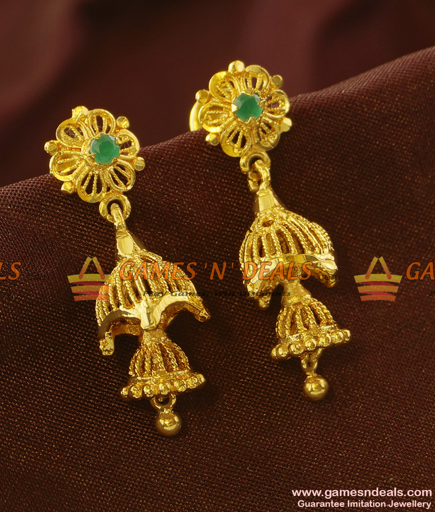 ER760 - Beautiful Green Stone Double Adukku Jhumki Imitation Earring