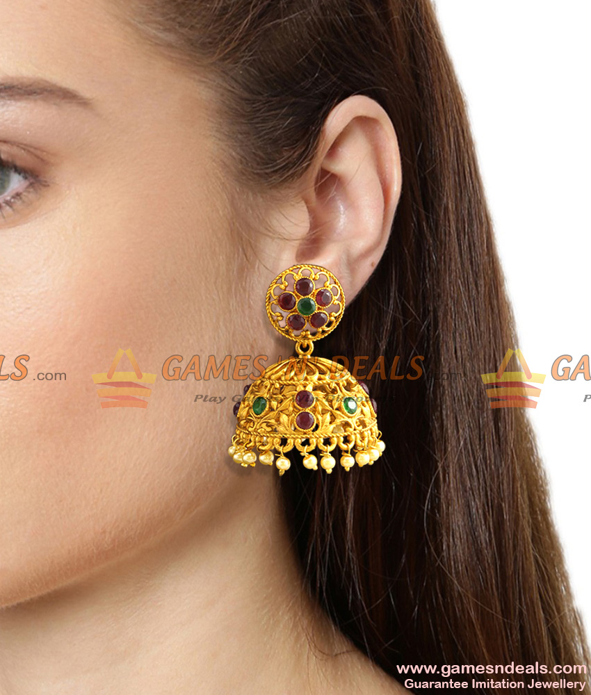 Large Umbrella Temple Jhumka Floral Earrings Bridal Wear Online Large Umbrella Temple Jhumka Floral Earrings Bridal Wear Online