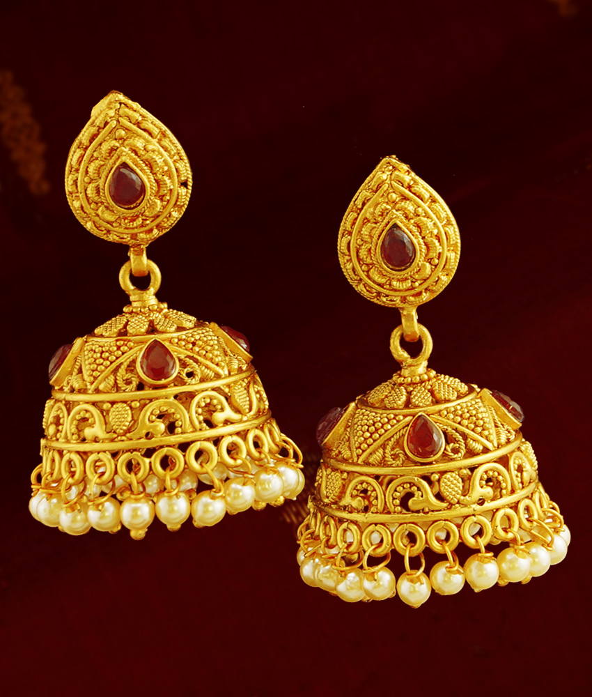 Antique Gold Ruby Jhumkas Traditional South Indian Jewelry Online ER786 Antique Gold Ruby Jhumkas Traditional South Indian Jewelry Online ER786