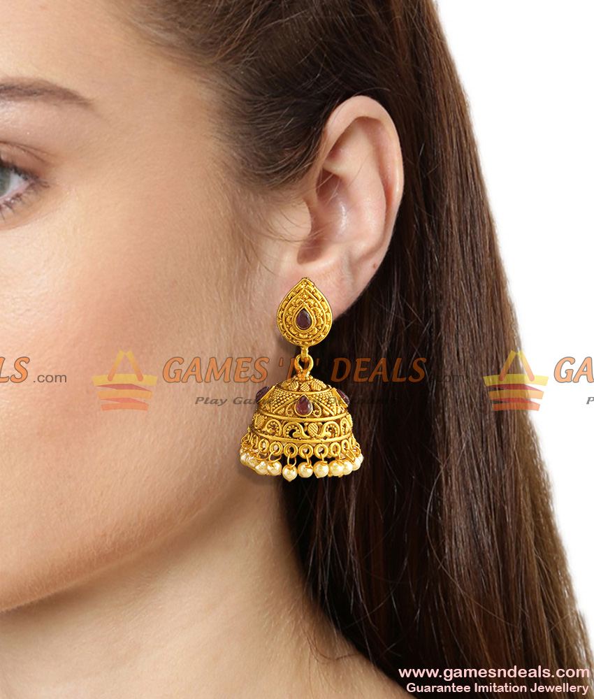Antique Gold Ruby Jhumkas Traditional South Indian Jewelry Online ER786 Antique Gold Ruby Jhumkas Traditional South Indian Jewelry Online ER786