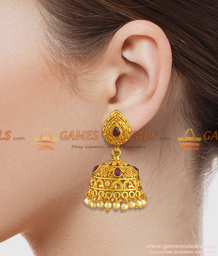 Antique Gold Ruby Jhumkas Traditional South Indian Jewelry Online ER786 Antique Gold Ruby Jhumkas Traditional South Indian Jewelry Online ER786