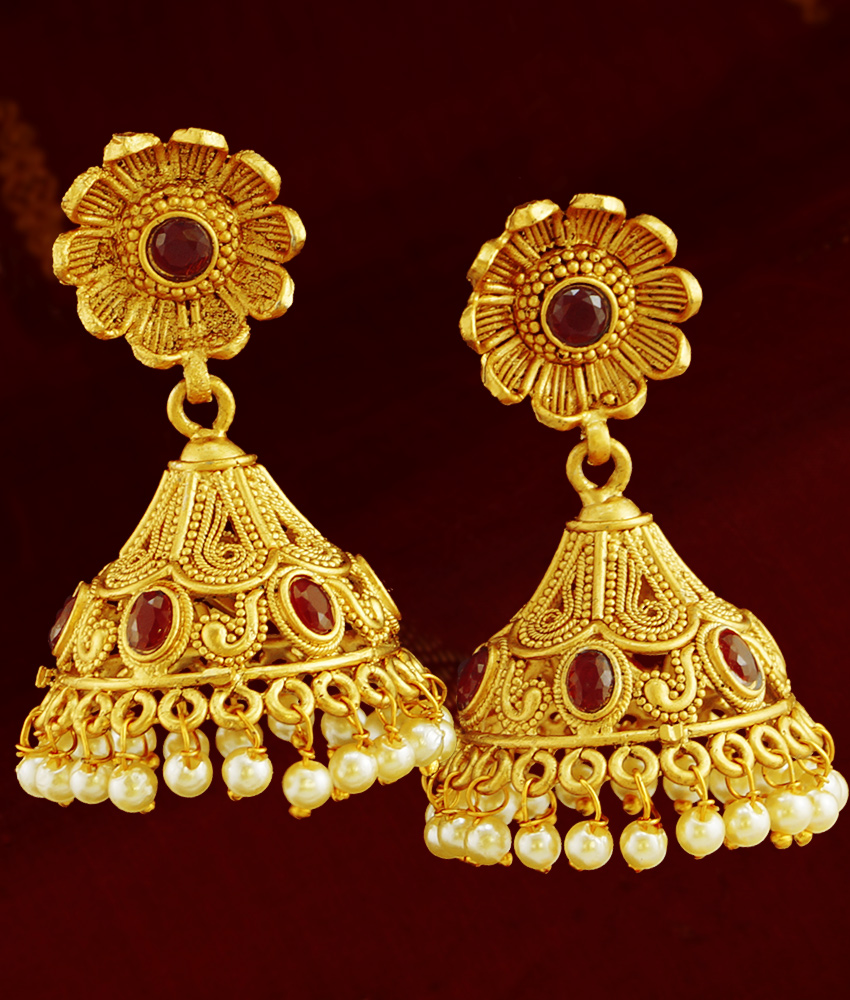 Antique Gold Jhumkas Online Floral Jewelry Ruby Stones ER787