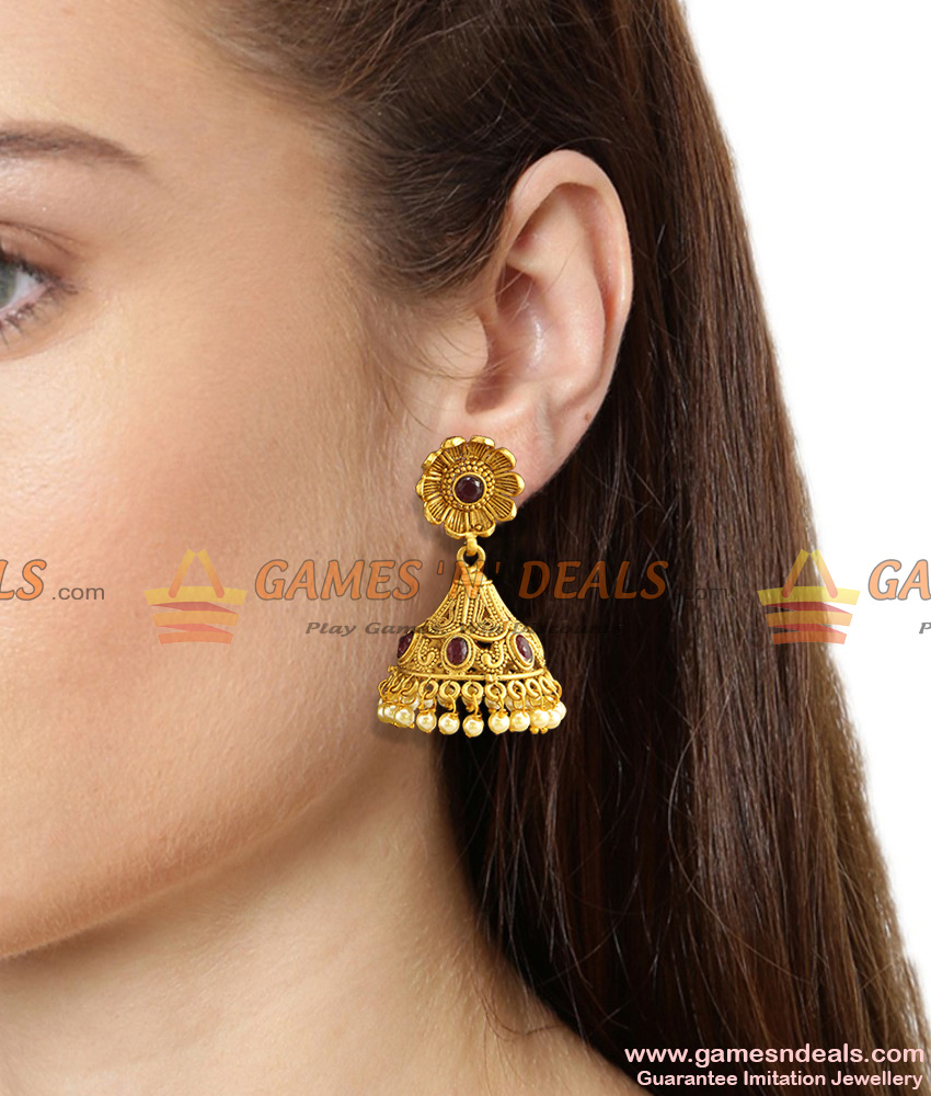 Antique Gold Jhumkas Online Floral Jewelry Ruby Stones ER787 Antique Gold Jhumkas Online Floral Jewelry Ruby Stones ER787