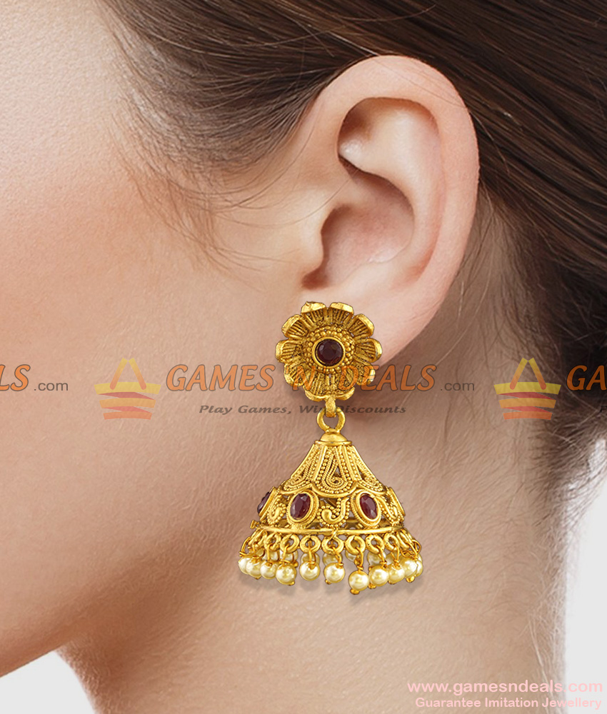Antique Gold Jhumkas Online Floral Jewelry Ruby Stones ER787 Antique Gold Jhumkas Online Floral Jewelry Ruby Stones ER787