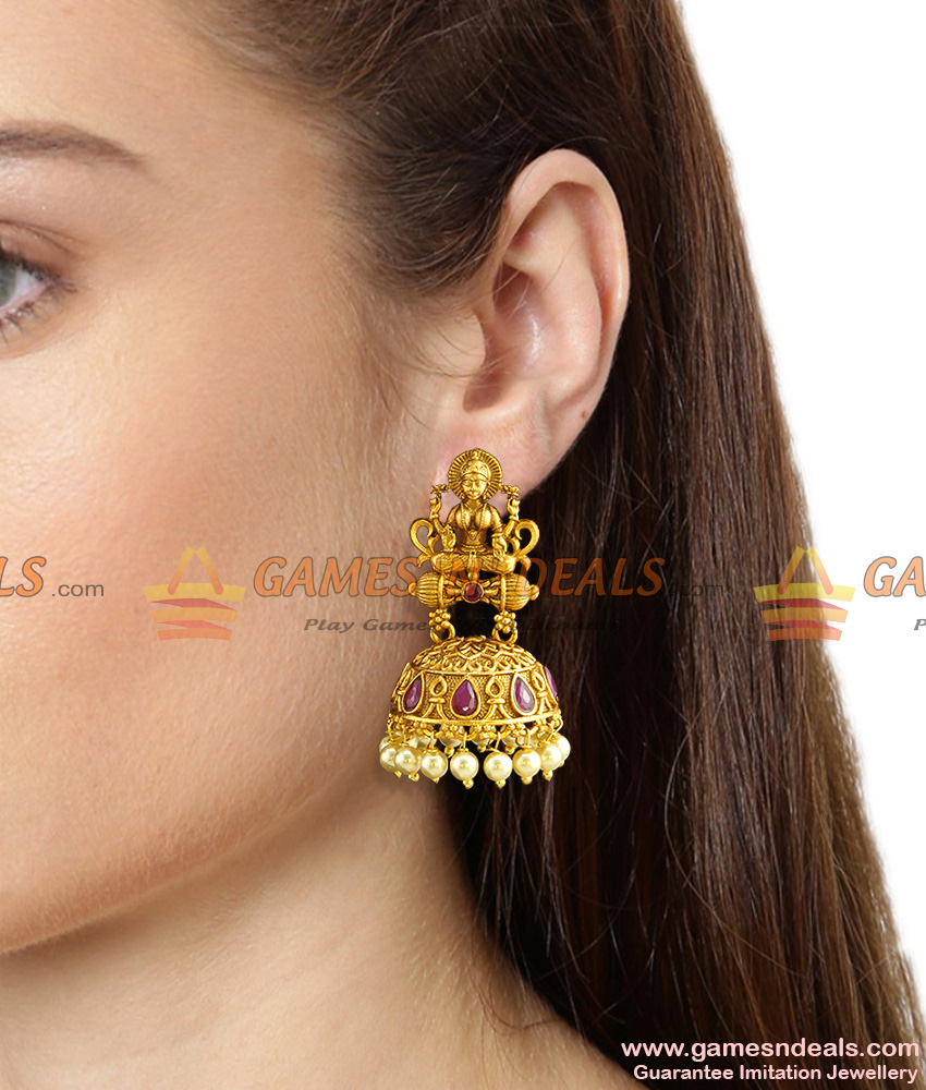 Temple Jewelry Antique Dull Gold Laxmi Jhumka Earrings Online ER790