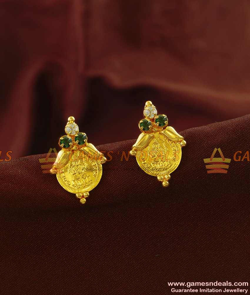 ER848 - Green Stone Traditional Lakshmi Stud Low Price Jewelry Buy Online