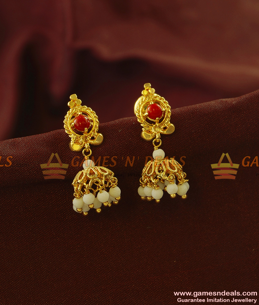 ER851 - Pearl and Pavala Stone Earring Jhimiki Design Online