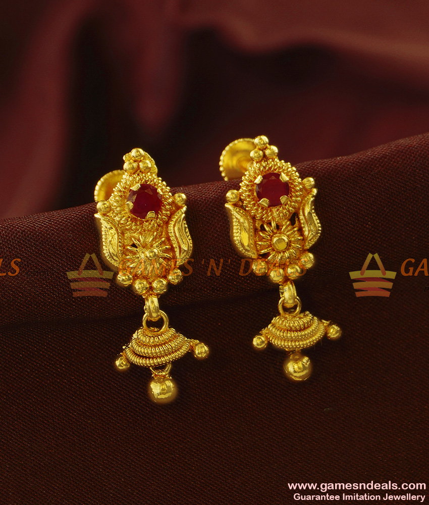 ER871 - Daily Wear Sparkling Ruby Stone Half Jhumki Design for Women