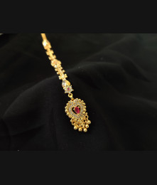 One Gram Gold Plated Ruby Stone Long Maang Tikka for Women