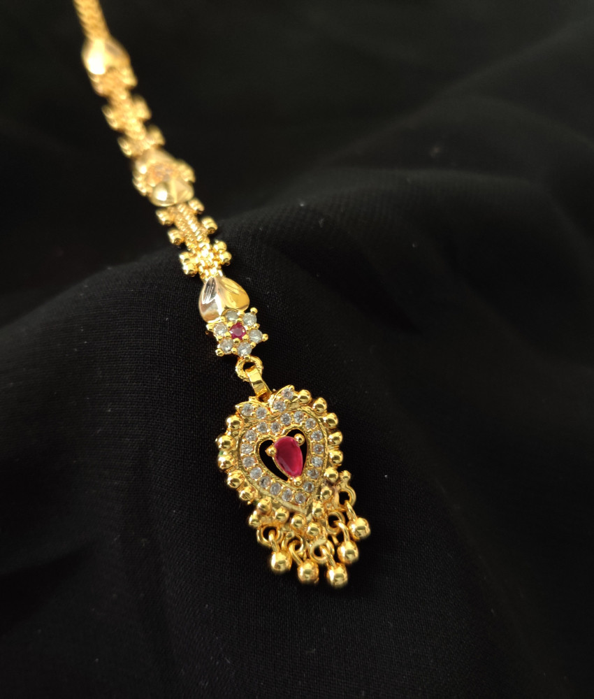 One Gram Gold Plated Ruby Stone Long Maang Tikka for Women
