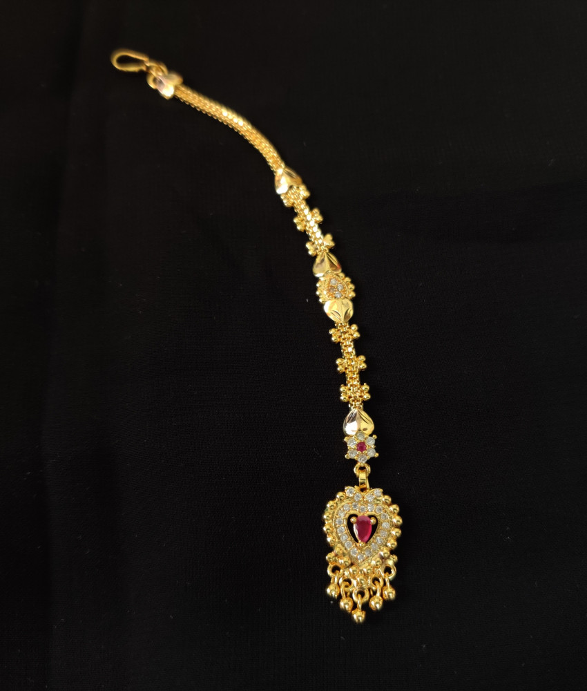 One Gram Gold Plated Ruby Stone Long Maang Tikka for Women