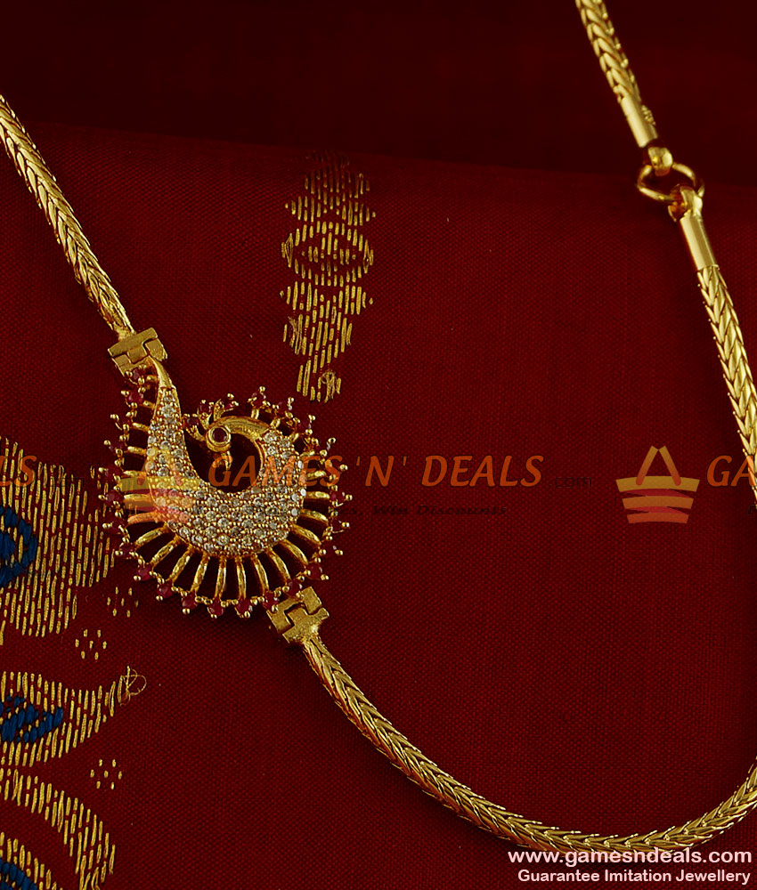 MCH035 - AD Red Stone Peacock Mogappu Dollar Daily Wear Thali Saradu Knitted Chain