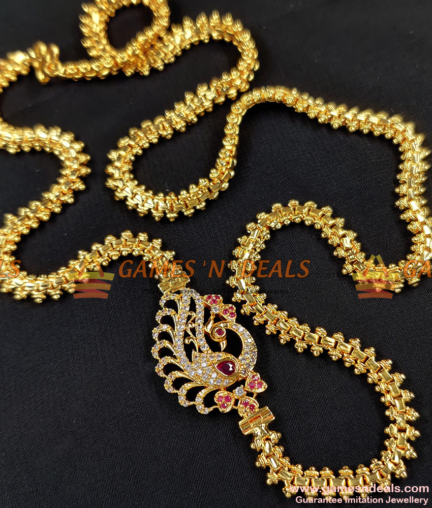 White Stone Peacock Mugappu Chain Design Buy Online MCH096 White Stone Peacock Mugappu Chain Design Buy Online MCH096
