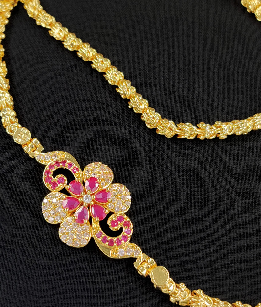 One Gram Micro Gold Plated Ruby AD Stone Mugappu Chain for Girls MCH109