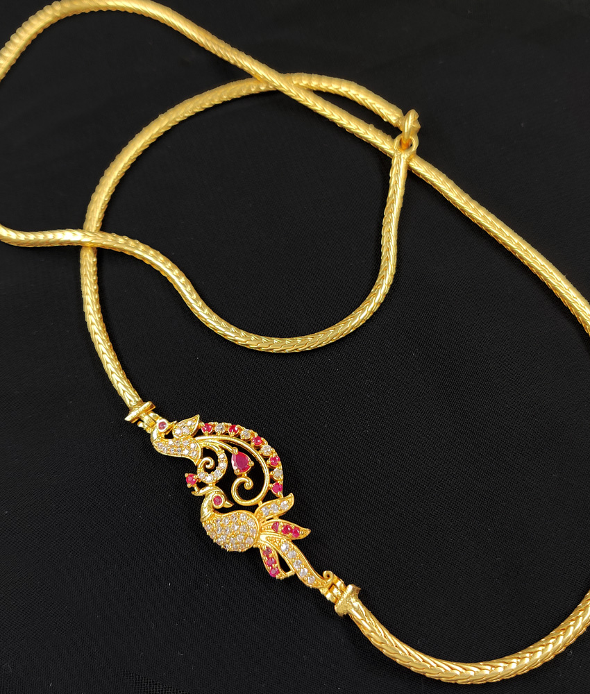 Trendy Peacock Micro Gold Plated Ruby AD Stone Mugappu Chain for Girls MCH110