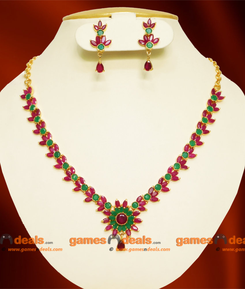 NCKN051 - Semi Precious Ruby Emerald Necklace Flower Design with Stone Work Ear Rings Online