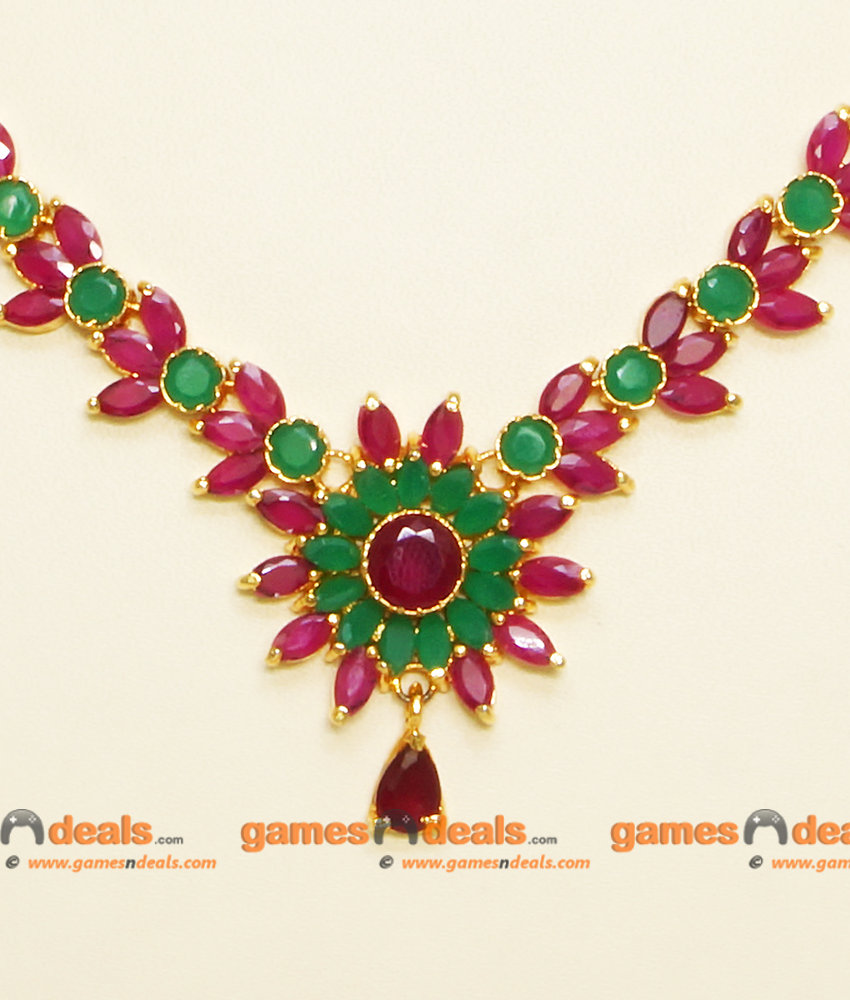 NCKN051 - Semi Precious Ruby Emerald Necklace Flower Design with Stone Work Ear Rings Online