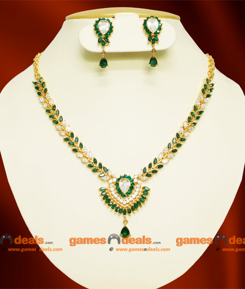 NCKN055 - Semi Precious Emerald AD Stone Imitation Necklace Romanian Olive Design NCKN055 - Semi Precious Emerald AD Stone Imitation Necklace Romanian Olive Design