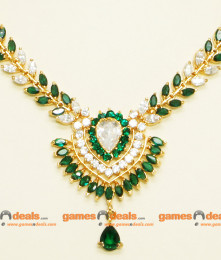 NCKN055 - Semi Precious Emerald AD Stone Imitation Necklace Romanian Olive Design