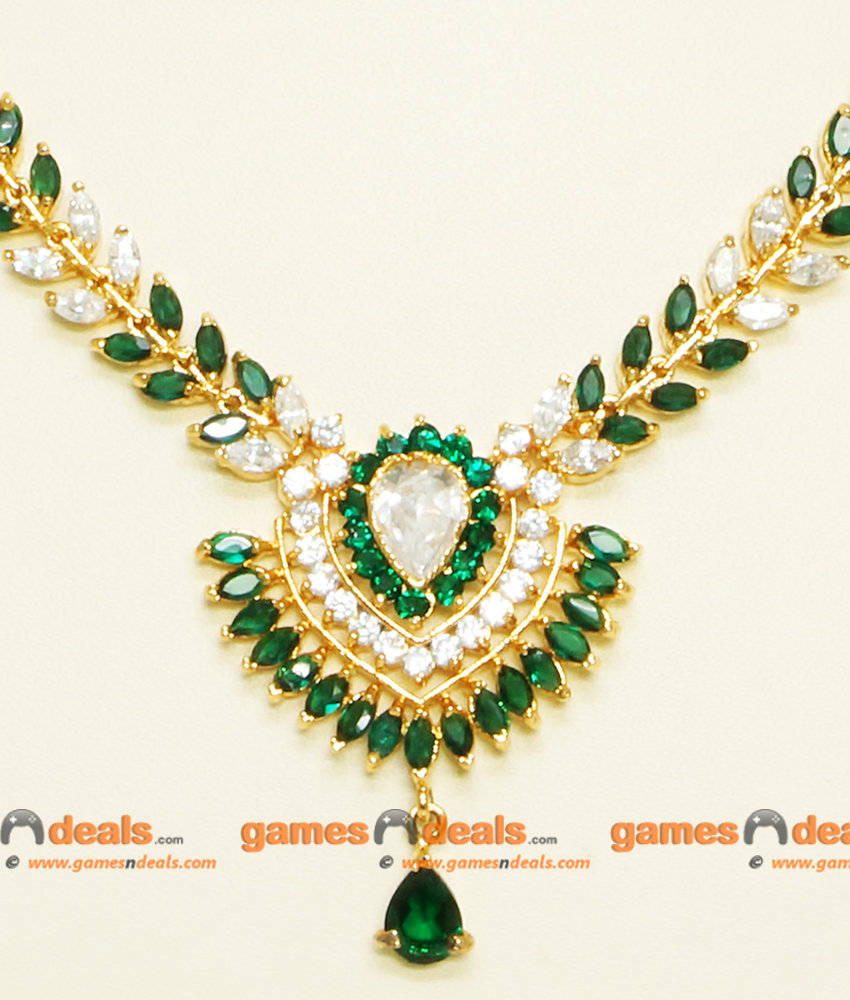 NCKN055 - Semi Precious Emerald AD Stone Imitation Necklace Romanian Olive Design NCKN055 - Semi Precious Emerald AD Stone Imitation Necklace Romanian Olive Design