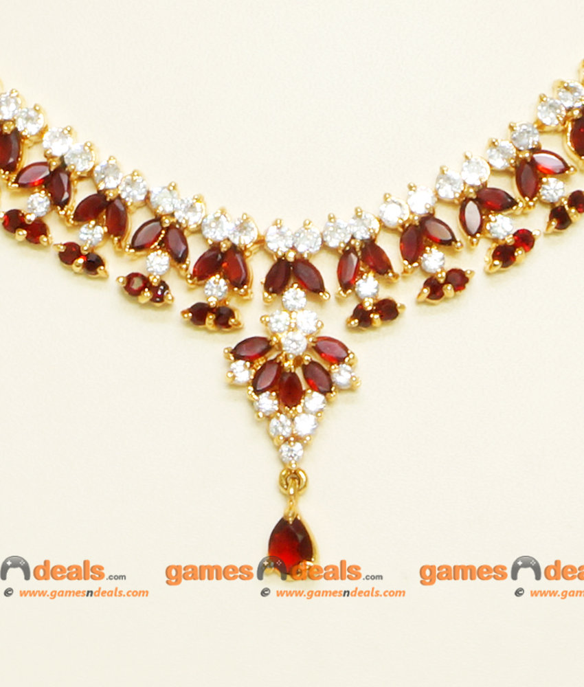 NCKN058 - Semi Precious American Diamond Maroon White Rice Stone Imitation Necklace with Ear Rings Online