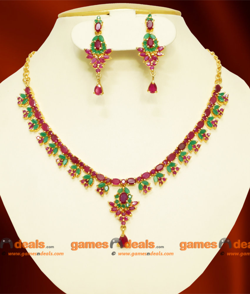 NCKN064 - Semi Precious Ruby Emerald Stone Imitation Necklace with Stone Work Ear Rings Online