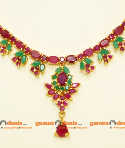 Ruby Stone Light Weight Ruby Emerald Necklace Designs NCKN064 Semi