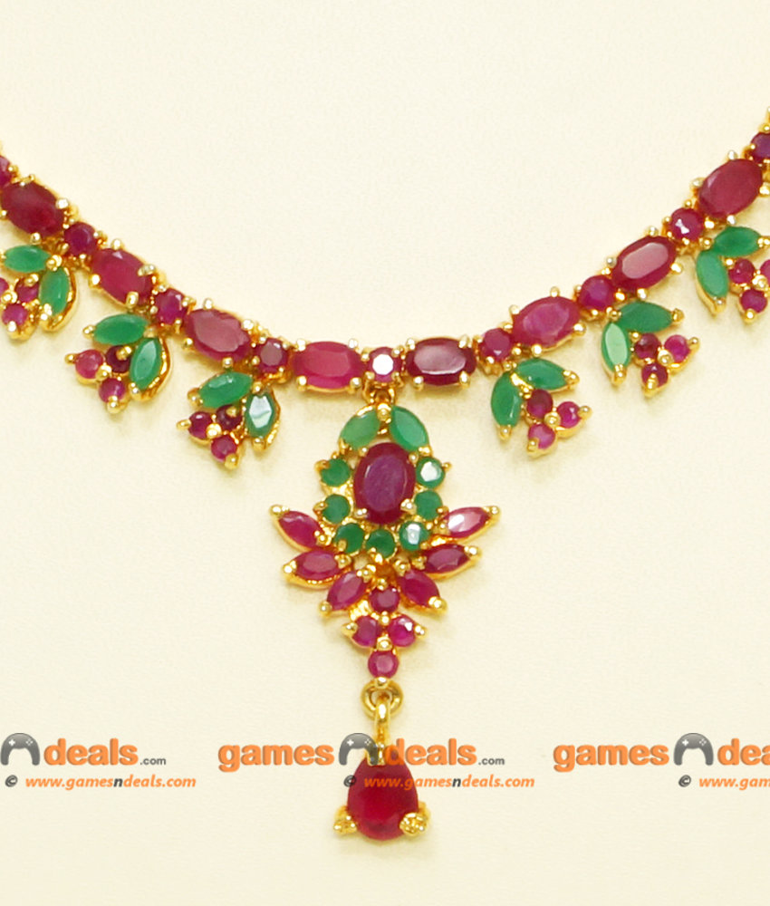 NCKN064 - Semi Precious Ruby Emerald Stone Imitation Necklace with Stone Work Ear Rings Online