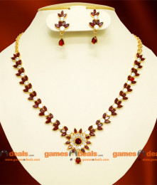 NCKN065 - Semi Precious AD Maroon White Rice Stone Imitation Necklace with Short Hanging Ear Rings Online