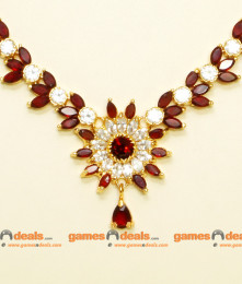 NCKN065 - Semi Precious AD Maroon White Rice Stone Imitation Necklace with Short Hanging Ear Rings Online