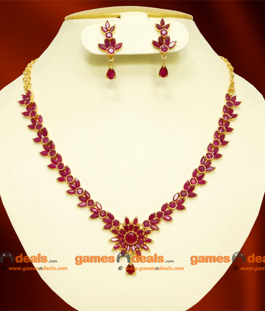 NCKN066 - Semi Precious Ruby Necklace Flower Design with Stone Work Ear Rings Online