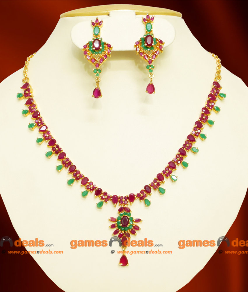 NCKN070 - Semi Precious Ruby Emerald Stone Imitation Necklace with Stone Work Ear Rings Online