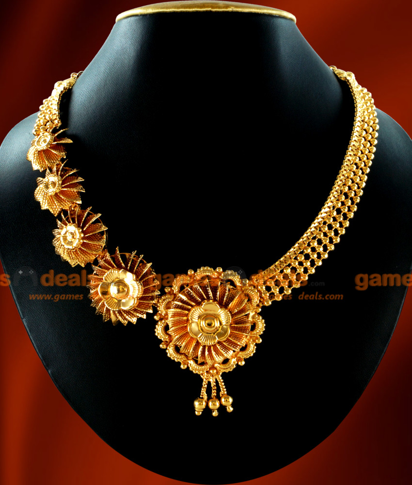 NCKN32-Majestic Gold Plated Necklace Party Wear One Sided Flowers Design South Indian Jewelry NCKN32-Majestic Gold Plated Necklace Party Wear One Sided Flowers Design South Indian Jewelry