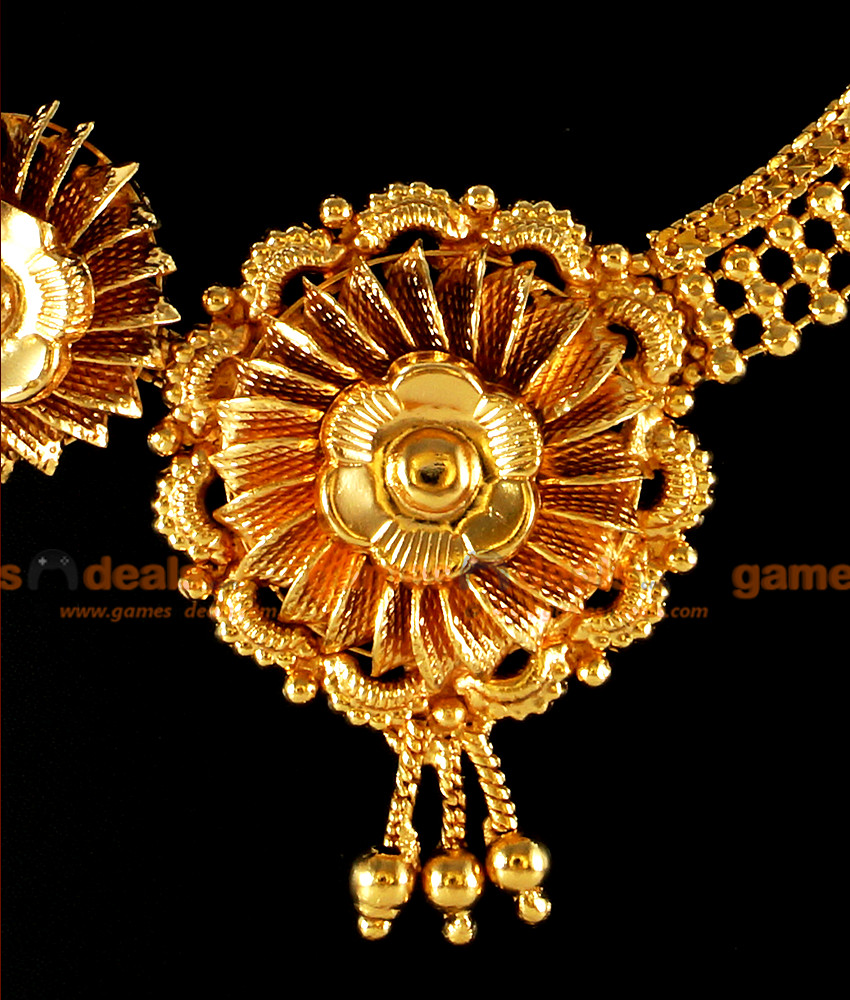 NCKN32-Majestic Gold Plated Necklace Party Wear One Sided Flowers Design South Indian Jewelry NCKN32-Majestic Gold Plated Necklace Party Wear One Sided Flowers Design South Indian Jewelry