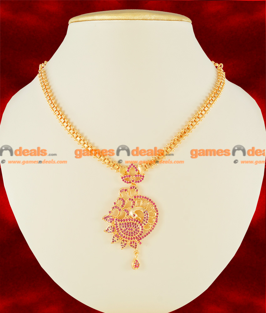 NCKN120 - Gold Plated Zircon Ruby Stone Party Wear Peacock Design Necklace NCKN120 - Gold Plated Zircon Ruby Stone Party Wear Peacock Design Necklace