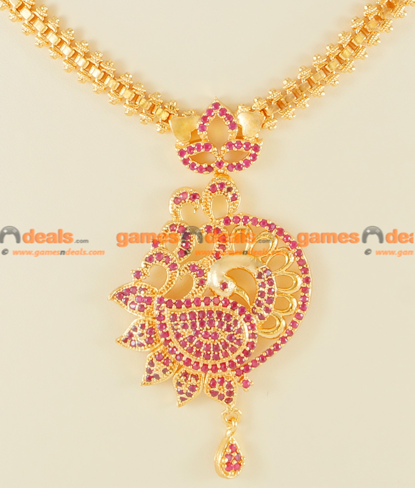 NCKN120 - Gold Plated Zircon Ruby Stone Party Wear Peacock Design Necklace