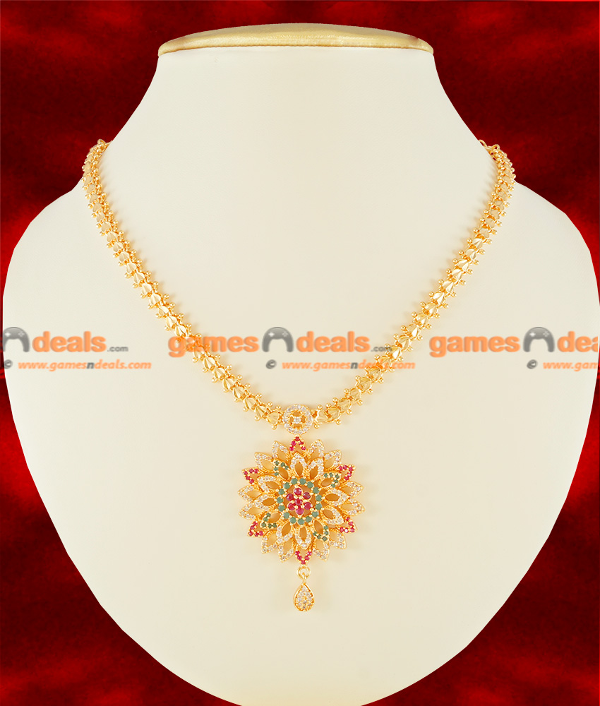 NCKN123 - Semi Precious CZ Ruby Stone Heartin Chain Flower Dollar Necklace NCKN123 - Semi Precious CZ Ruby Stone Heartin Chain Flower Dollar Necklace