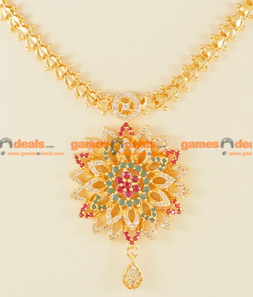 NCKN123 - Semi Precious CZ Ruby Stone Heartin Chain Flower Dollar Necklace