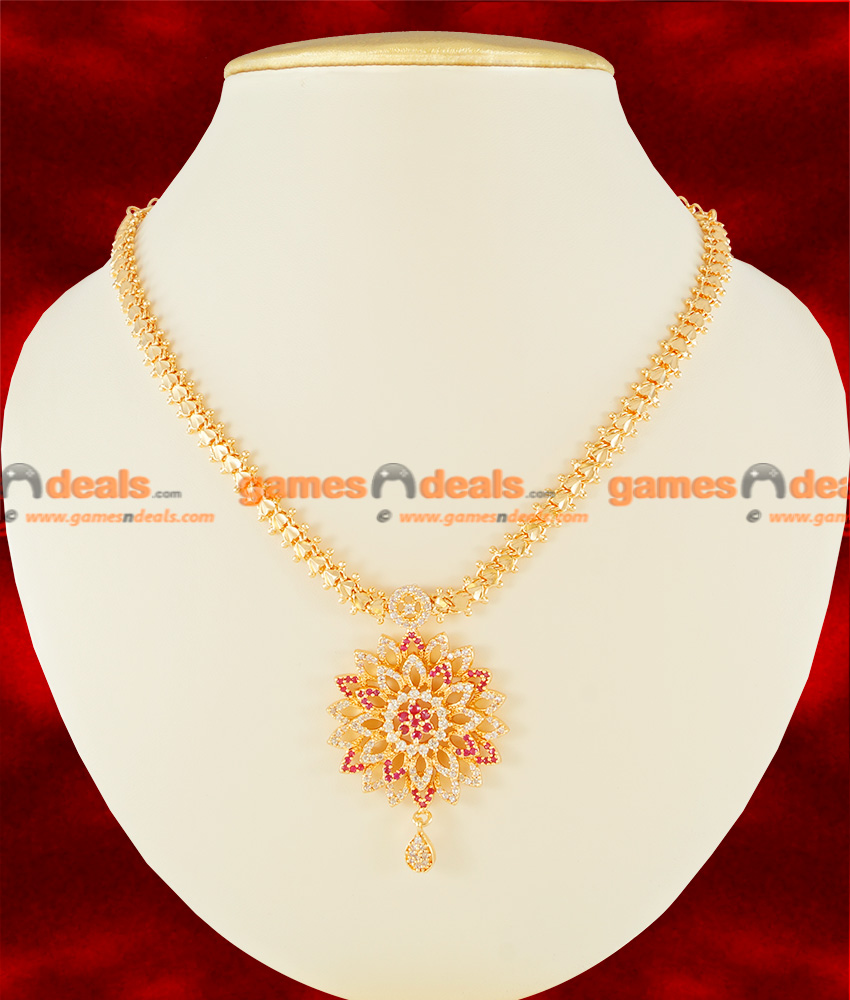 NCKN124 - Semi Precious CZ Ruby Stone Heartin Chain Flower Dollar Necklace NCKN124 - Semi Precious CZ Ruby Stone Heartin Chain Flower Dollar Necklace