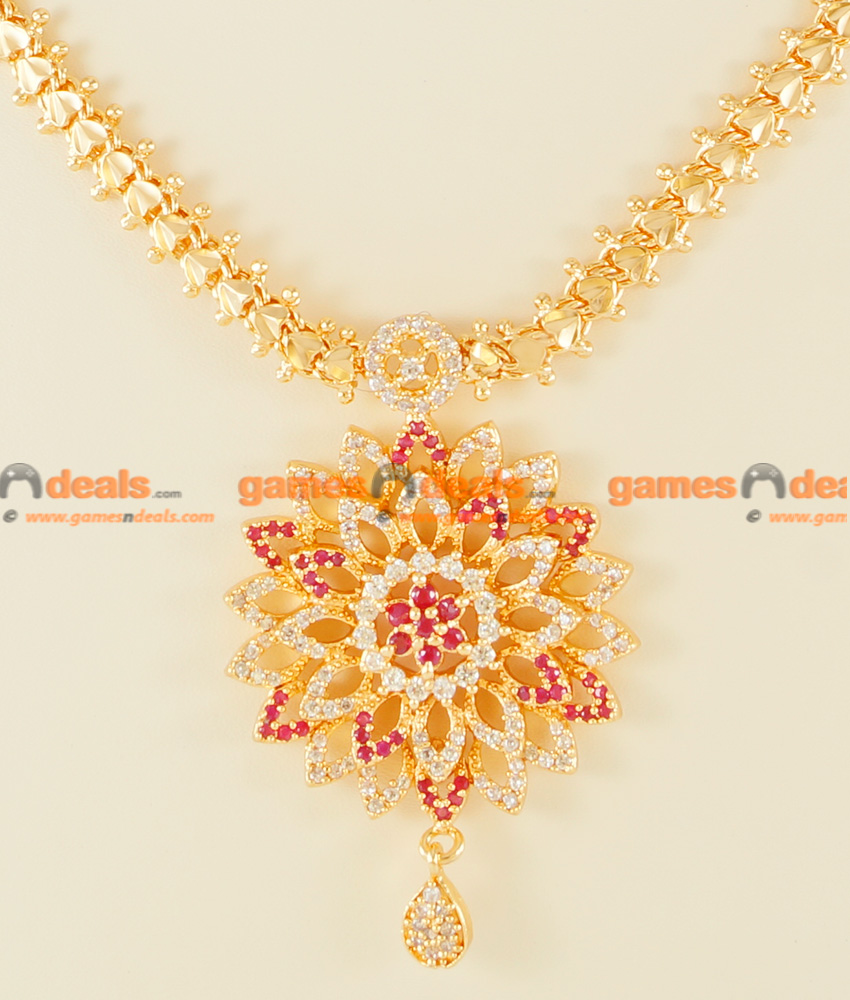 NCKN124 - Semi Precious CZ Ruby Stone Heartin Chain Flower Dollar Necklace